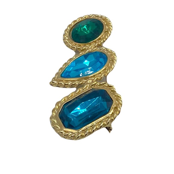 Goldtone Blue Green Stone Brooch - Picture 3 of 6